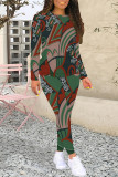 Dark Green Casual Street Geometric Print Contrast O Neck Long Sleeve Two Pieces