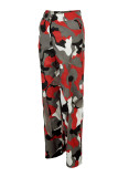 Orange Casual Camouflage Print Hollowed Out Patchwork Straight Mid Waist Conventional Full Print Trousers