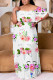 White Casual Floral Print Patchwork Off Shoulder Long Plus Size Dresses