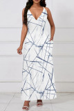 Fluorescent Blue Casual Print Pocket Patchwork V Neck Long Dresses