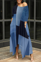 Royal Blue Casual Street Faux Denim Print Pocket Irregular Contrast O Neck Irregular Dresses