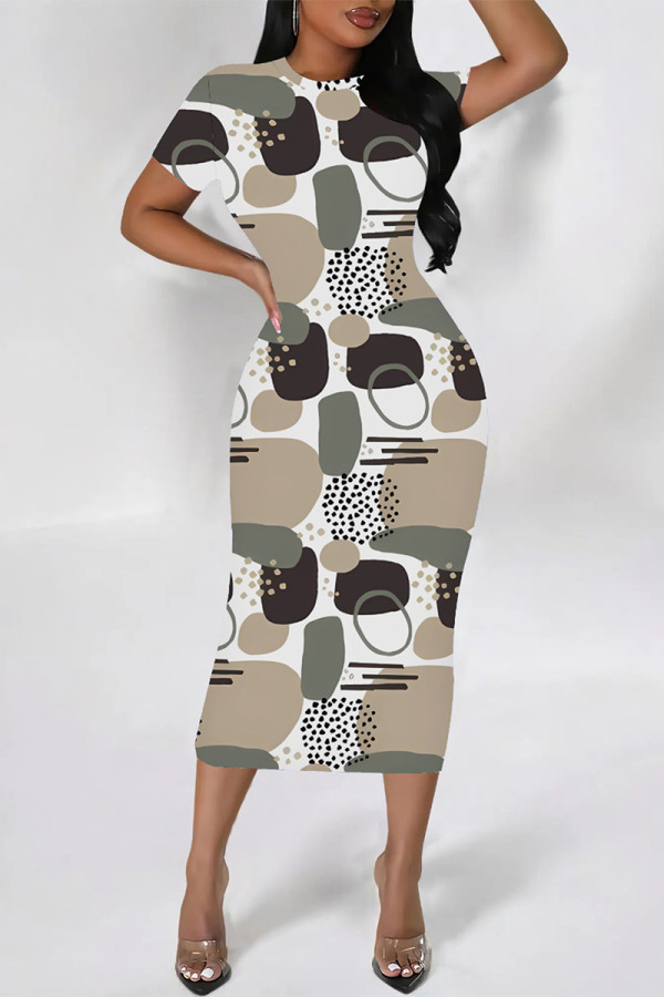 Multicolor Daily Elegant Geometric Print Flowers Gradient Contrast O Neck Printed Short Sleeve Dress