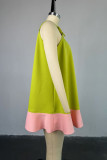 Green Casual Patchwork Hollow Out Contrast V Neck A Line Dresses