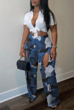 Orange Casual Camouflage Print Hollowed Out Patchwork Straight Mid Waist Conventional Full Print Trousers