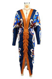 Blue Casual Print Slit Ruched Deep V Neck Long Sleeve Dresses