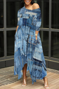 Baby Blue Casual Street Faux Denim Print Pocket Irregular Contrast O Neck Irregular Dresses