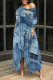 Baby Blue Casual Street Faux Denim Print Pocket Irregular Contrast O Neck Irregular Dresses