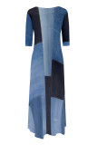 Colorful Blue Casual Street Faux Denim Print Pocket Irregular Contrast O Neck Irregular Dresses