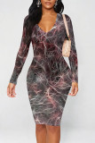 Grey Red Casual Geometric Print Contrast V Neck Printed Dresses