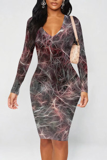 Grey Red Casual Geometric Print Contrast V Neck Printed Dresses