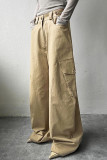 Khaki Casual Solid Color Pocket Buttons Patchwork Zipper Loose Low Waist Wide Leg Patchwork Bottoms