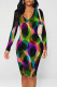 Multi-color Casual Geometric Print Contrast V Neck Printed Dresses