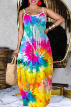 Orange Yellow Casual Print Backless Spaghetti Strap Long Dresses