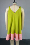 Green Casual Patchwork Hollow Out Contrast V Neck A Line Dresses
