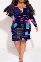Tibetan Blue Casual Print Patchwork With Belt V Neck Printed Plus Size Dresses
