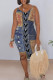 Dark Blue Sexy Faux Denim Print Contrast V Neck Printed Dresses