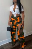 Red Casual Camouflage Print Hollowed Out Patchwork Straight Mid Waist Conventional Full Print Trousers