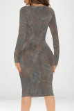 Grey Red Casual Geometric Print Contrast V Neck Printed Dresses