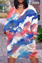 Blue Red Casual Print Pocket Patchwork V Neck Straight Plus Size Dresses