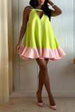 Green Casual Patchwork Hollow Out Contrast V Neck A Line Dresses