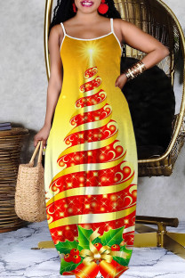 Gold Casual Christmas Tree Print Backless Spaghetti Strap Long Dresses