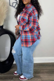 Red Daily Plaid Pocket Buckle Patchwork Shirt Collar Tops