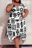 Multicolor Casual Print Patchwork O Neck Irregular Plus Size Dresses