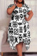 White Black Casual Print Patchwork O Neck Irregular Plus Size Dresses