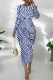 White Blue Daily Print Patchwork O Neck Wrapped Skirt Dresses