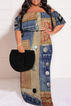 Multicolor Sexy Faux Denim Print Ruffle Contrast Off Shoulder Printed Plus Size Dresses