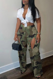 Orange Casual Camouflage Print Hollowed Out Patchwork Straight Mid Waist Conventional Full Print Trousers