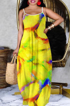 Yellow Casual Print Backless Spaghetti Strap Long Dresses
