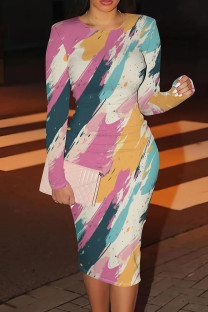 Multicolor Casual Print Patchwork O Neck Wrapped Skirt Dresses