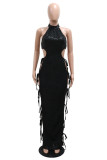 Black Sexy Hot Solid Color Hollow Out Sequins Backless Belted Halter Long Dresses