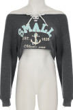 Dark Gray Sexy Print Patchwork Backless Cross Straps Off Shoulder Tops