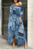 Colorful Blue Casual Street Faux Denim Print Pocket Irregular Contrast O Neck Irregular Dresses