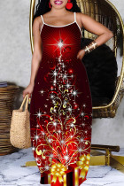 Burgundy Casual Christmas Tree Print Backless Spaghetti Strap Long Dresses