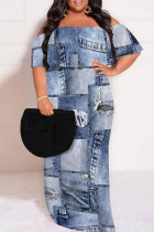 Baby Blue Sexy Faux Denim Print Ruffle Contrast Off Shoulder Printed Plus Size Dresses