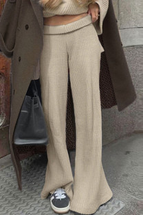 Khaki Casual Solid Color Patchwork Low Waist Wide Leg Patchwork Bottoms