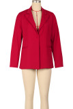 Deep Red Office lady Solid Color Pocket Buttons Patchwork Turn-back Collar Outerwear