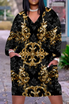 Black Casual Print Pocket Patchwork V Neck Straight Plus Size Dresses