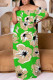 Green Casual Floral Print Patchwork Off Shoulder Long Plus Size Dresses