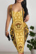 Gold Sexy Figure Print Contrast U Neck Printed Dresses
