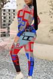 Dark Green Casual Street Geometric Print Contrast O Neck Long Sleeve Two Pieces