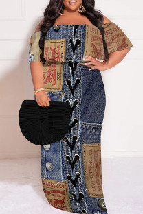 Dark Blue Sexy Faux Denim Print Ruffle Contrast Off Shoulder Printed Plus Size Dresses