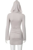 Grey Casual Solid Color Patchwork Hooded Wrapped Skirt Dresses