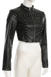 Black Street Solid Color Patchwork Zipper Zipper Collar Outerwear