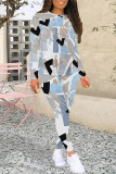 Dark Green Casual Street Geometric Print Contrast O Neck Long Sleeve Two Pieces