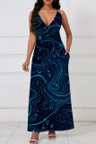 Fluorescent Blue Casual Print Pocket Patchwork V Neck Long Dresses