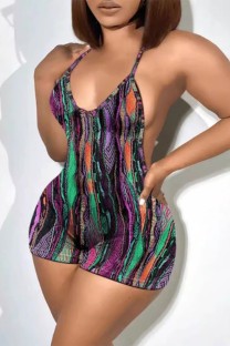 Purple Sexy Print Backless Spaghetti Strap Skinny Romper